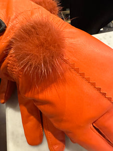 Leather Gloves with Fur Poms Orange