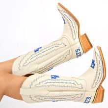 Load image into Gallery viewer, Vaccari Naomi cowboy boots with collegiate embroidery and logo detailing, shown on model