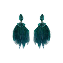 Load image into Gallery viewer, Mignonne Gavigan Lisboa green feather drop earrings with beaded woven top detail