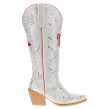 Load image into Gallery viewer, Vaccari Amber white rhinestone cowboy boot with red Ole Miss logo and block heel