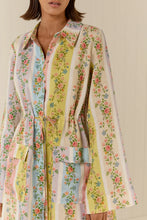 Load image into Gallery viewer, Floral striped button-front jacket with cinched waist tie and flared sleeves