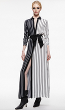 Load image into Gallery viewer, This Alice &amp; Olivia Dress features a collard neckline and belted waistline. This long-sleeved style is split between being black with white stripes on one side while being white with black stripes on the other.