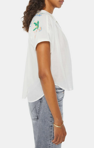 Mother Denim The Gather Up Embroidered Button-Front Top Lime In the Coconut