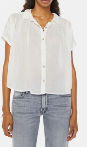 Mother Denim The Gather Up Embroidered Button-Front Top Lime In the Coconut
