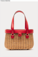 Frances Valentine wicker basket tote bag with red leather handles and trim