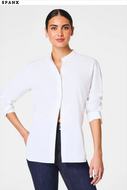 Spanx white poplin tunic with mandarin collar, button front, long sleeves, relaxed fit