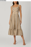 Shoshanna Lyda striped midi dress with chevron bodice, wooden buttons, and ruffle hem