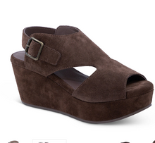 Load image into Gallery viewer, Chocolat Blu suede platform wedge sandal with peep toe and adjustable buckle strap