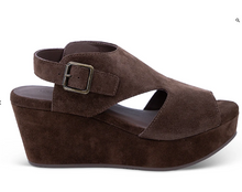 Load image into Gallery viewer, Suede wedge platform sandal with open toe, slingback strap, and antique buckle closure