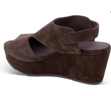 Load image into Gallery viewer, Chocolat Blu suede platform wedge sandal with wide toe strap and slingback closure