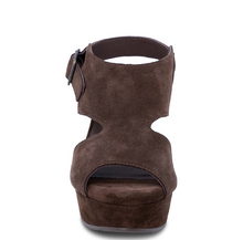 Load image into Gallery viewer, Suede platform wedge sandal with ankle strap, buckle closure, and open toe