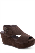 Load image into Gallery viewer, Suede platform wedge sandal with open toe, cutout sides, and buckle strap closure