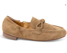 Load image into Gallery viewer, Dark taupe suede loafer with knotted vamp detail and contrast moc-toe stitching