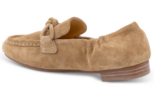 Load image into Gallery viewer, Dark taupe suede loafer with braided knot detail and low stacked heel