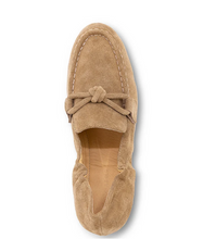 Load image into Gallery viewer, Dark taupe suede loafer with knotted lace detail, shown from above