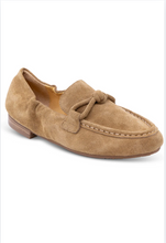 Load image into Gallery viewer, Dark taupe suede loafer with knotted detail and low stacked heel