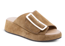 Load image into Gallery viewer, Chocolat Blu suede platform slide sandal with oversized gold buckle detail and wedge sole