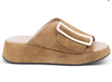 Load image into Gallery viewer, Chocolat Blu suede platform slide sandal with oversized metallic buckle detail