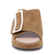 Load image into Gallery viewer, Chocolat Blu suede slide sandal with oversized silver buckle detail and cushioned footbed