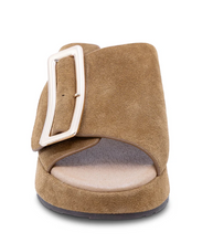 Load image into Gallery viewer, Chocolat Blu suede slide sandal with large decorative buckle detail and cushioned footbed