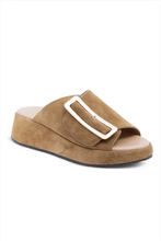 Load image into Gallery viewer, Chocolat Blu suede platform slide sandal with oversized gold buckle detail