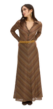 Load image into Gallery viewer, Long-sleeve chevron print maxi dress in chestnut brown tones with tan belt