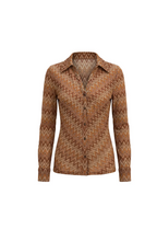 Load image into Gallery viewer, Allison Liv long-sleeve button-front top in chestnut brown chevron zigzag knit pattern