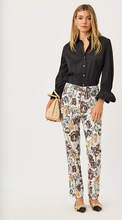 Load image into Gallery viewer, High-rise straight-leg pants in cream with brown and gold floral jacquard pattern