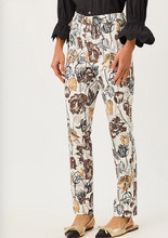 Load image into Gallery viewer, Slim floral print pants in cream with brown and gold botanical pattern