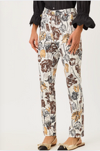 Load image into Gallery viewer, High rise straight leg ankle pants in cream floral brown print with gold button