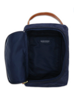 Load image into Gallery viewer, Open navy blue golf shoe bag with brown leather handle and gold zipper