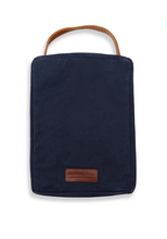 Load image into Gallery viewer, Navy canvas golf shoe bag with brown leather handle and label patch