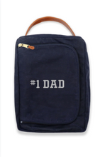Load image into Gallery viewer, Navy canvas golf shoe bag with brown leather handle and #1 Dad embroidery