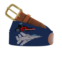 Load image into Gallery viewer, Needlepoint belt featuring a fighter jet and motorcycle design with brass buckle
