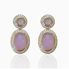 Load image into Gallery viewer, Elegant Tat2 gold drop earrings featuring oval jade stones surrounded by sparkling crystal halos
