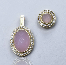 Load image into Gallery viewer, Elegant gold pendant and stud earring featuring faceted jade stone surrounded by sparkling crystals