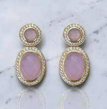 Load image into Gallery viewer, Elegant Tat2 Forte drop earrings featuring oval jade stones surrounded by sparkling crystal halos