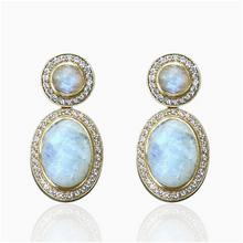 Load image into Gallery viewer, Tat2 Rainbow Moonstone Drop Forte Earrings featuring oval gemstones with diamond halo settings in gold