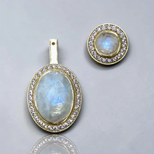 Load image into Gallery viewer, Rainbow moonstone drop earring with sparkling halo of crystals in gold-tone setting