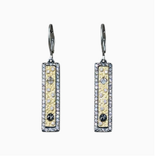 Load image into Gallery viewer, Tat2 Vintage Silver Soleil ID drop earrings featuring rectangular pendants with sparkling gemstone accents