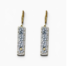 Load image into Gallery viewer, Tat2 Gold Soleil ID Earrings featuring rectangular crystal-encrusted pendants with lever-back closures