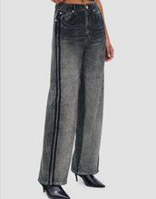 Load image into Gallery viewer, Wide-leg faded denim jeans with contrast side stripe and elastic waistband