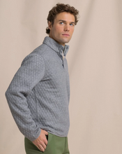 Load image into Gallery viewer, Men's quilted grey quarter-snap pullover with diamond pattern and olive pants