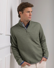 Load image into Gallery viewer, Man wearing olive green quilted quarter-snap pullover sweater over collared shirt