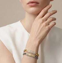 Load image into Gallery viewer, Gold chain ID bracelet with diamond bar plate worn on wrist