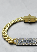 Load image into Gallery viewer, Gold curb chain ID bracelet with diamond-encrusted rectangular bar plate and box clasp