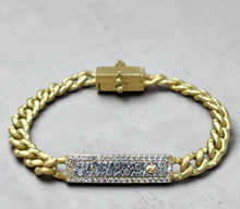 Load image into Gallery viewer, Gold Cuban link bracelet with diamond-encrusted rectangular ID bar centerpiece