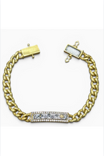 Load image into Gallery viewer, Gold curb chain ID bracelet with pavé cubic zirconia silver bar centerpiece