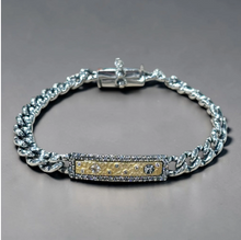 Load image into Gallery viewer, Tat2 Vintage Silver Soleil ID Bracelet with Cuban chain links and diamond-studded plate