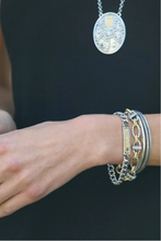 Load image into Gallery viewer, Tat2 Ravelle Thin Bracelet styled with layered chain bracelets and oval pendant necklace